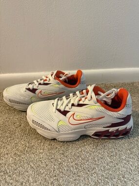 Nike Zoom Air Fire White Sneakers with Orange, Maroon & Neon Yellow Accents